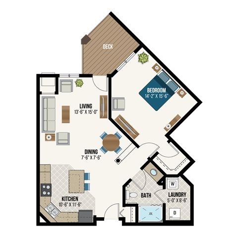 Floor plan for 1 bed, 1 bath, 892 sqft