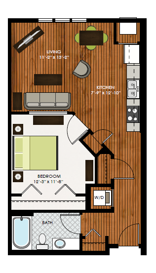 Floor plan for 1 bed, 1 bath, 689 sqft