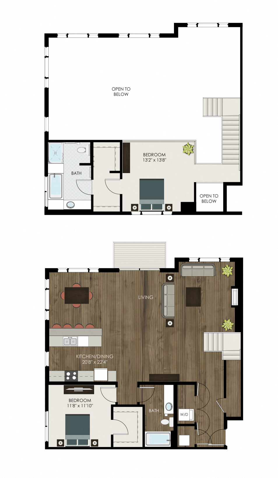 Floor plan for 2 beds, 2 baths, 1732 sqft