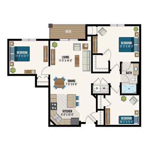 Floor plan for 3 beds, 1 bath, 1195 sqft