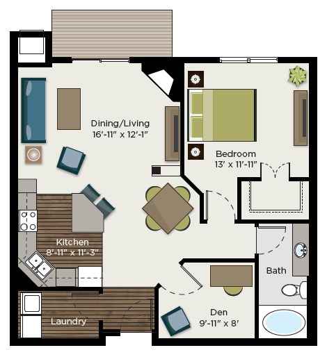 Floor plan for 1 bed, 1 bath, 950 sqft