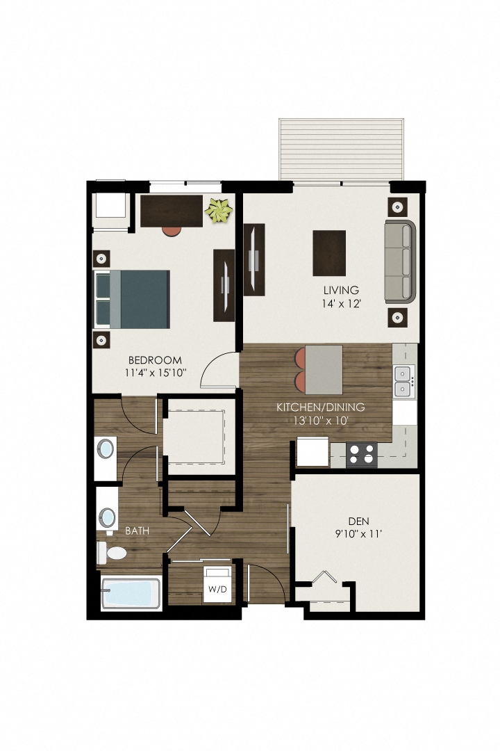 Floor plan for 1 bed, 1 bath, 933 sqft