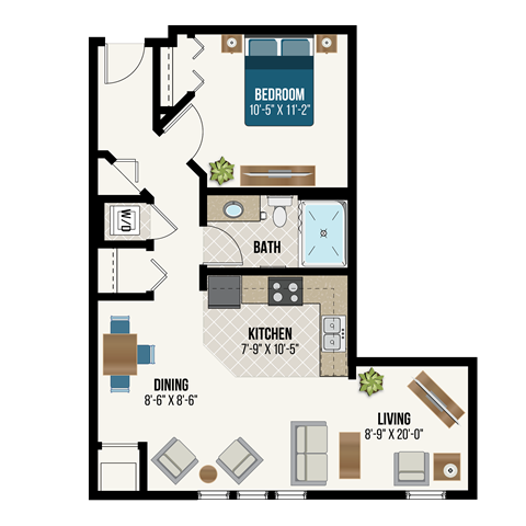 Floor plan for 1 bed, 1 bath, 735 sqft