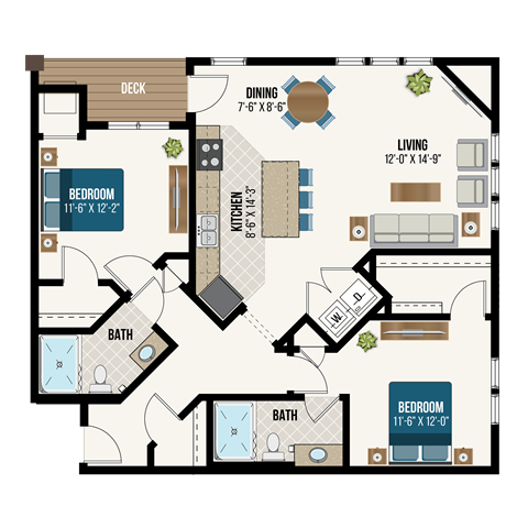 Floor plan for 2 beds, 2 baths, 1186 sqft