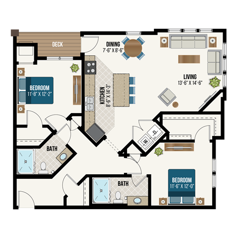Floor plan for 2 beds, 2 baths, 1243 sqft