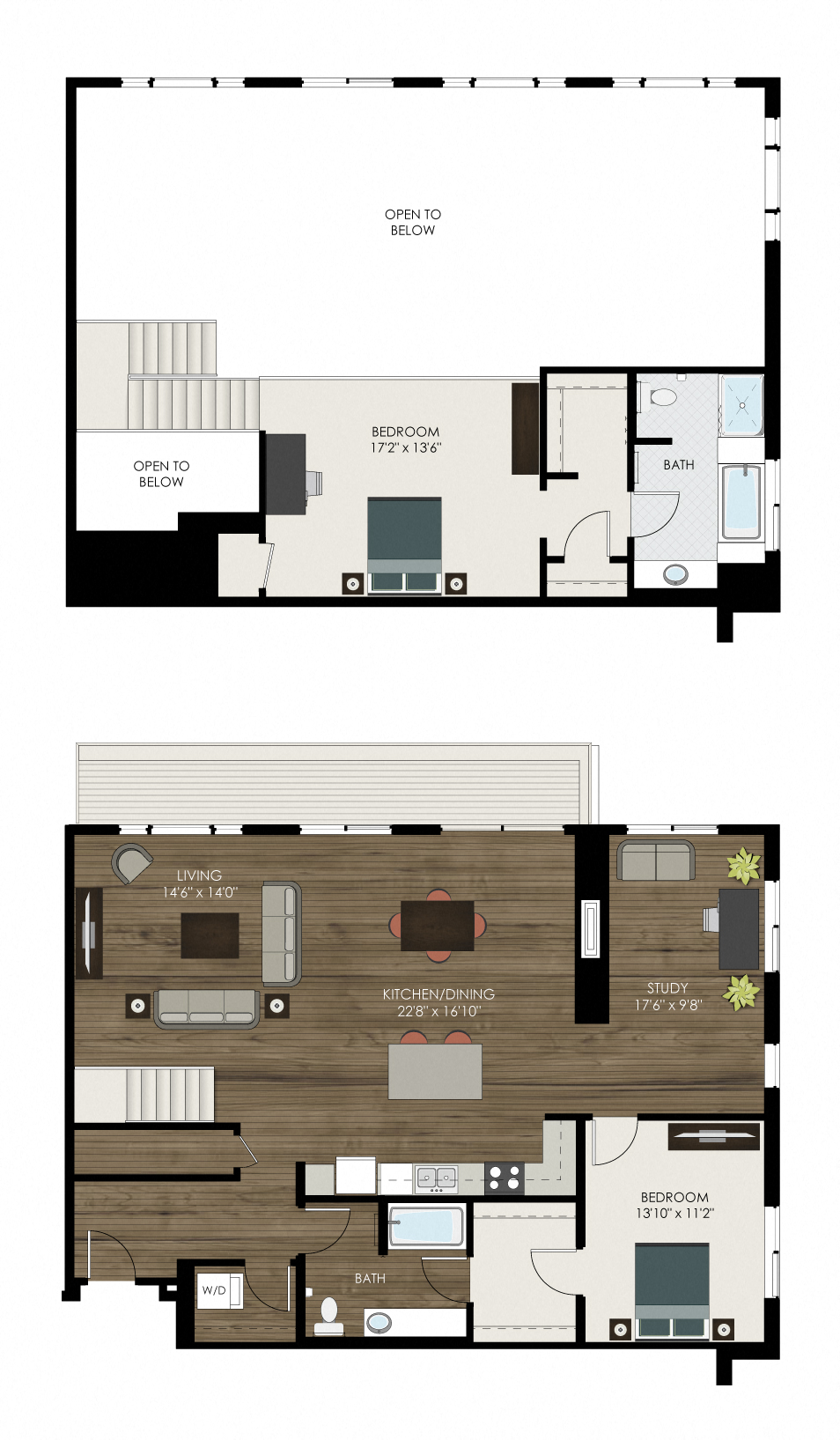 Floor plan for 2 beds, 2 baths, 1732 sqft