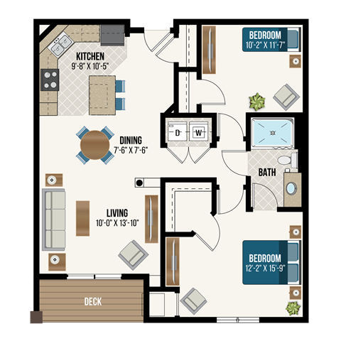 Floor plan for 2 beds, 1 bath, 1004 sqft