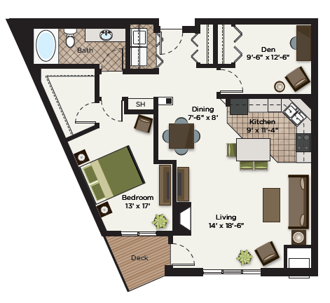Floor plan for 1 bed, 1 bath, 1124 sqft