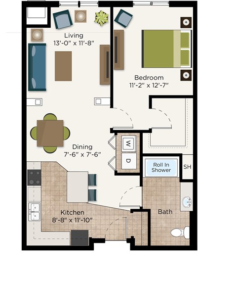 Floor plan for 1 bed, 1 bath, 878 sqft