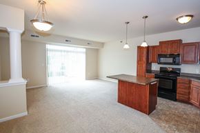 Lakeville apartment for rent - a kitchen with an island and a living room in the background