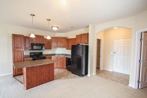 Lakeville apartment for rent - a kitchen with a black refrigerator freezer next to a stove top oven