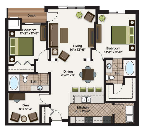 Floor plan for 2 beds, 2 baths, 1298 sqft