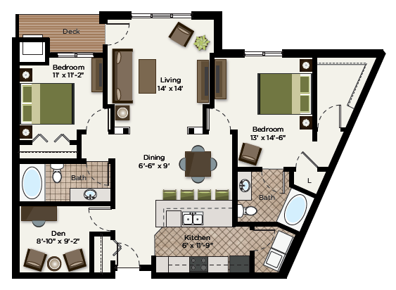 Floor plan for 2 beds, 2 baths, 1349 sqft