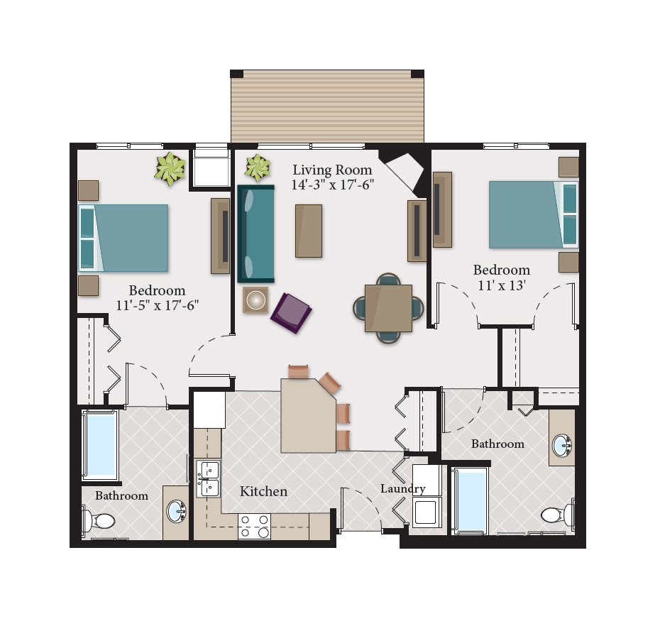 Floor plan for 2 beds, 2 baths, 1135 sqft