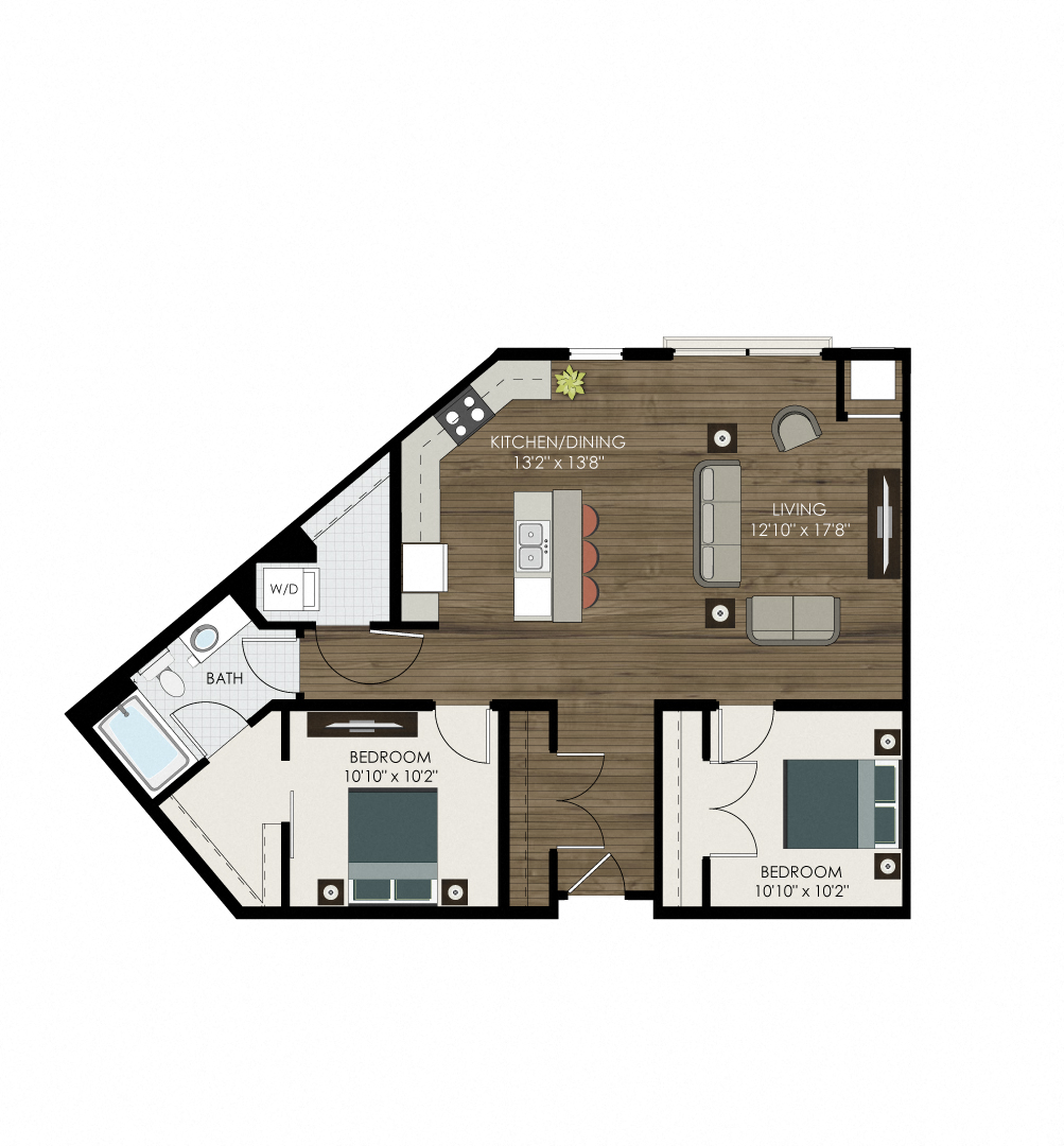 Floor plan for 2 beds, 1 bath, 1035 sqft