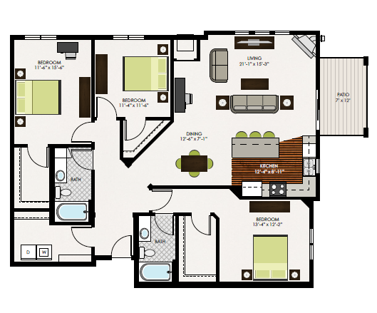 Floor plan for 3 beds, 2 baths, 1640 sqft