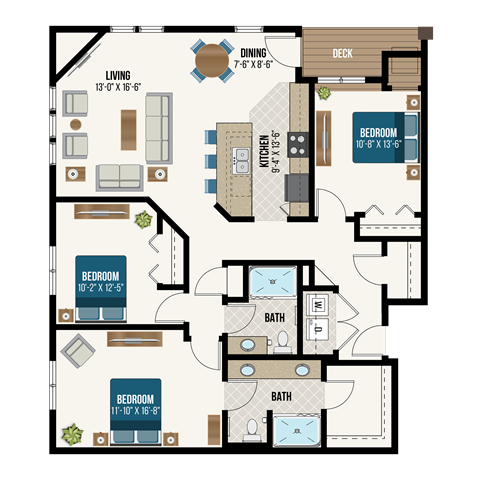 Floor plan for 3 beds, 2 baths, 1497 sqft