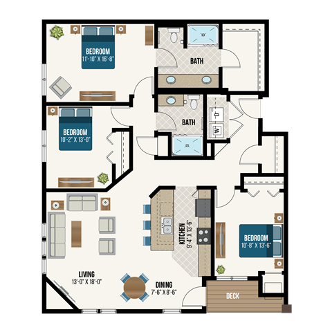 Floor plan for 3 beds, 2 baths, 1566 sqft