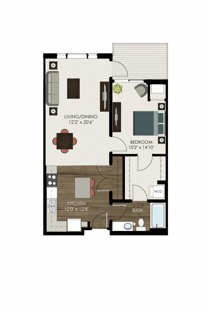 Floor plan for 1 bed, 1 bath, 711 sqft