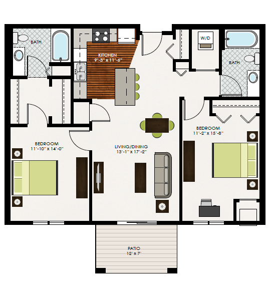 Floor plan for 2 beds, 2 baths, 1120 sqft