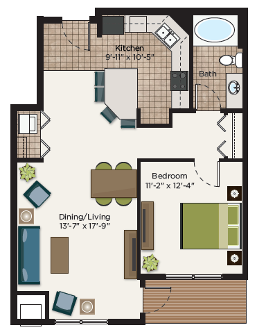 Floor plan for 1 bed, 1 bath, 789 sqft