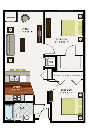 Floor plan for 2 beds, 1 bath, 865 sqft