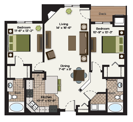 Floor plan for 2 beds, 2 baths, 1238 sqft