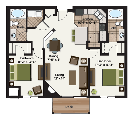 Floor plan for 2 beds, 2 baths, 1166 sqft