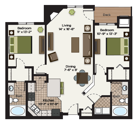 Floor plan for 2 beds, 2 baths, 1164 sqft