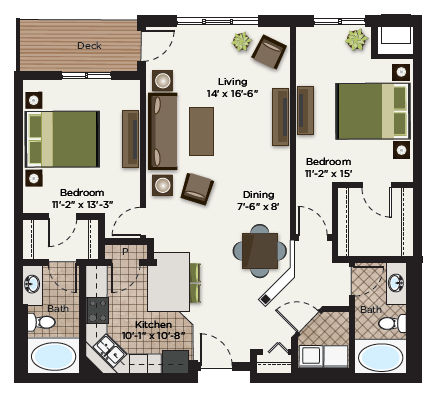 Floor plan for 2 beds, 2 baths, 1297 sqft