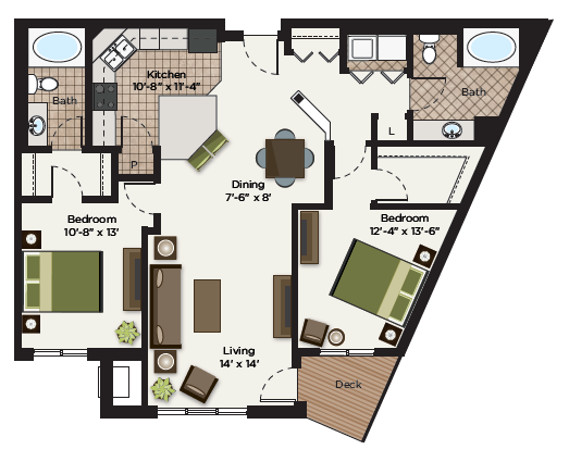 Floor plan for 2 beds, 2 baths, 1303 sqft