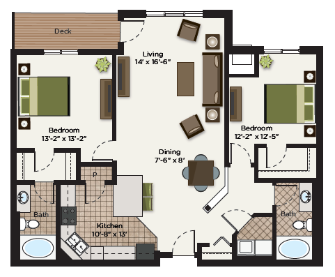 Floor plan for 2 beds, 2 baths, 1370 sqft