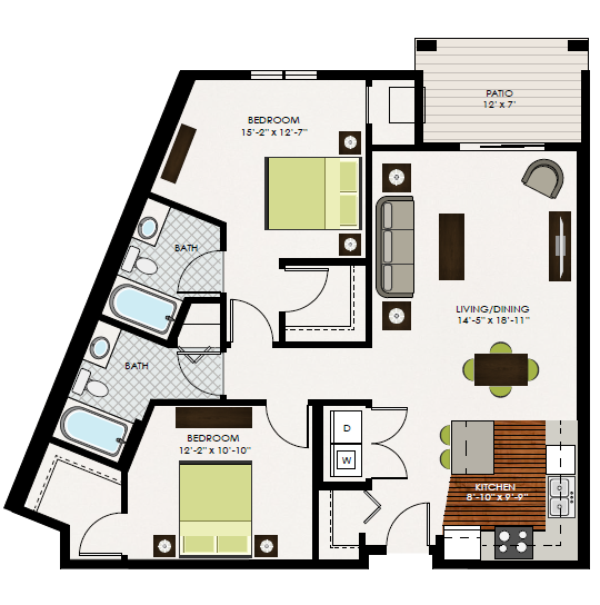 Floor plan for 2 beds, 2 baths, 1170 sqft