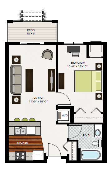 Floor plan for 1 bed, 1 bath, 647 sqft
