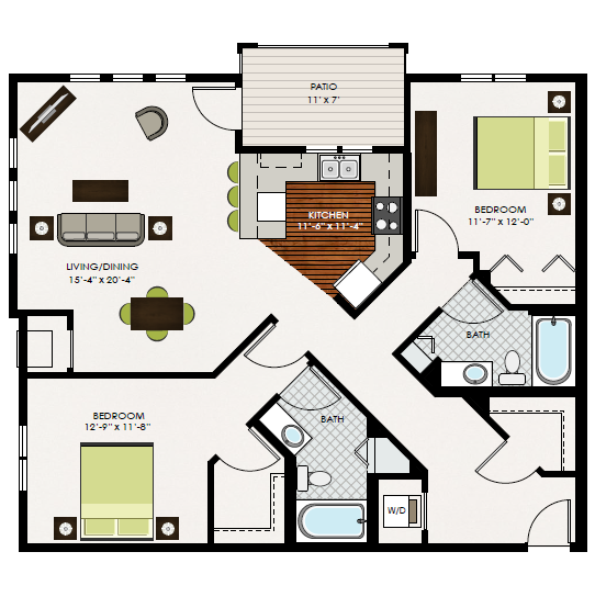 Floor plan for 2 beds, 2 baths, 1272 sqft