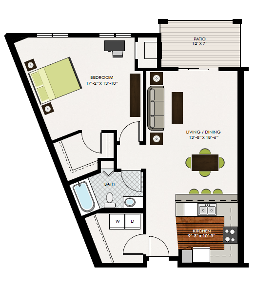 Floor plan for 1 bed, 1 bath, 985 sqft