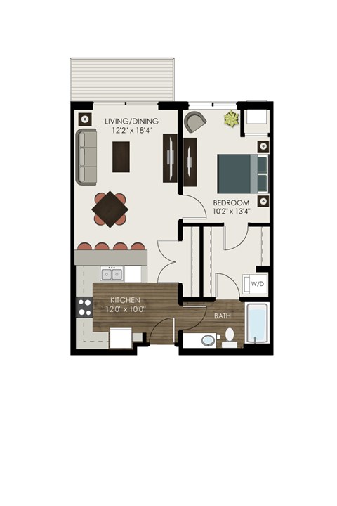 Floor plan for 1 bed, 1 bath, 770 sqft