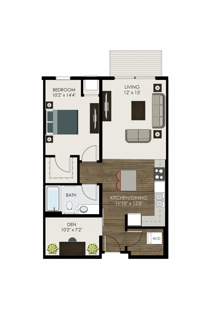 Floor plan for 1 bed, 1 bath, 831 sqft