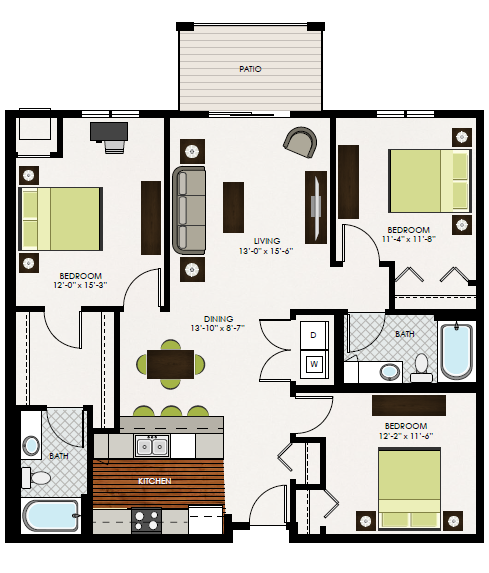 Floor plan for 3 beds, 2 baths, 1314 sqft