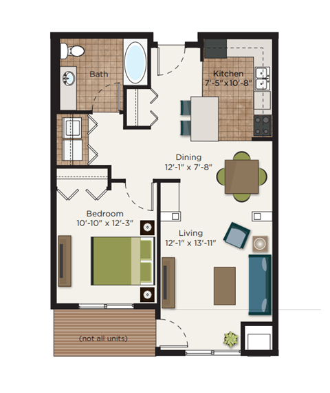 Floor plan for 1 bed, 1 bath, 738 sqft