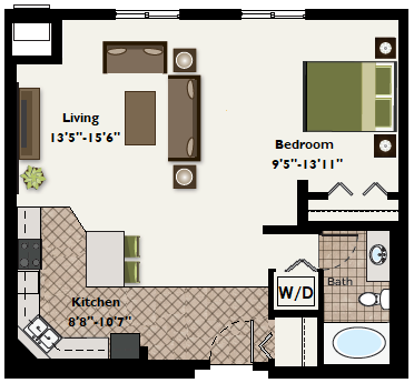Floor plan for studio, 1 bath, 755 sqft
