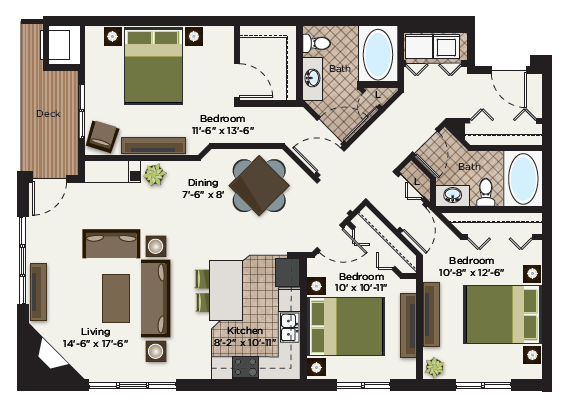 Floor plan for 3 beds, 2 baths, 1444 sqft