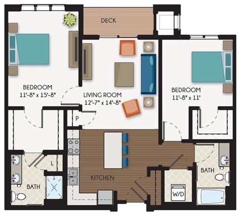 Floor plan for 2 beds, 2 baths, 1165 sqft