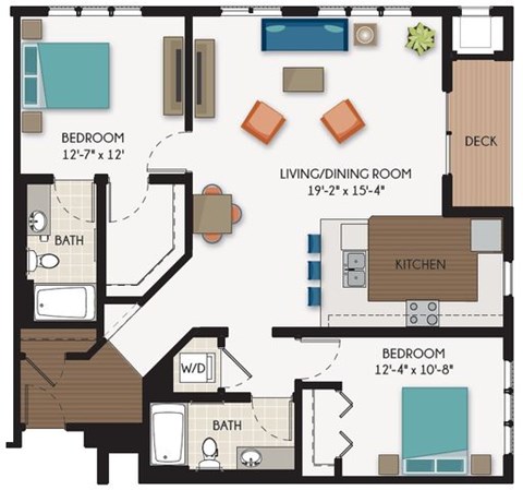 Floor plan for 2 beds, 2 baths, 1305 sqft