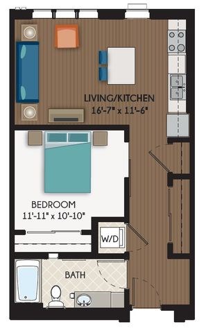Floor plan for 1 bed, 1 bath, 666 sqft