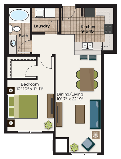 Floor plan for 1 bed, 1 bath, 753 sqft