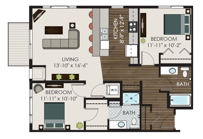 Floor plan for 2 beds, 2 baths, 1066 sqft