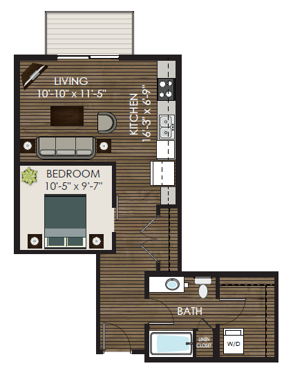 Floor plan for 1 bed, 1 bath, 652 sqft