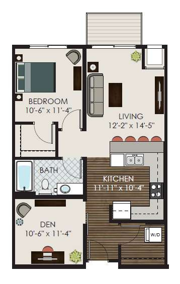 Floor plan for 2 beds, 1 bath, 831 sqft