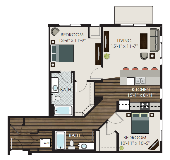 Floor plan for 2 beds, 2 baths, 1133 sqft